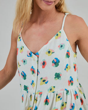 Mini Flowers Strappy Loose Dress Ecru