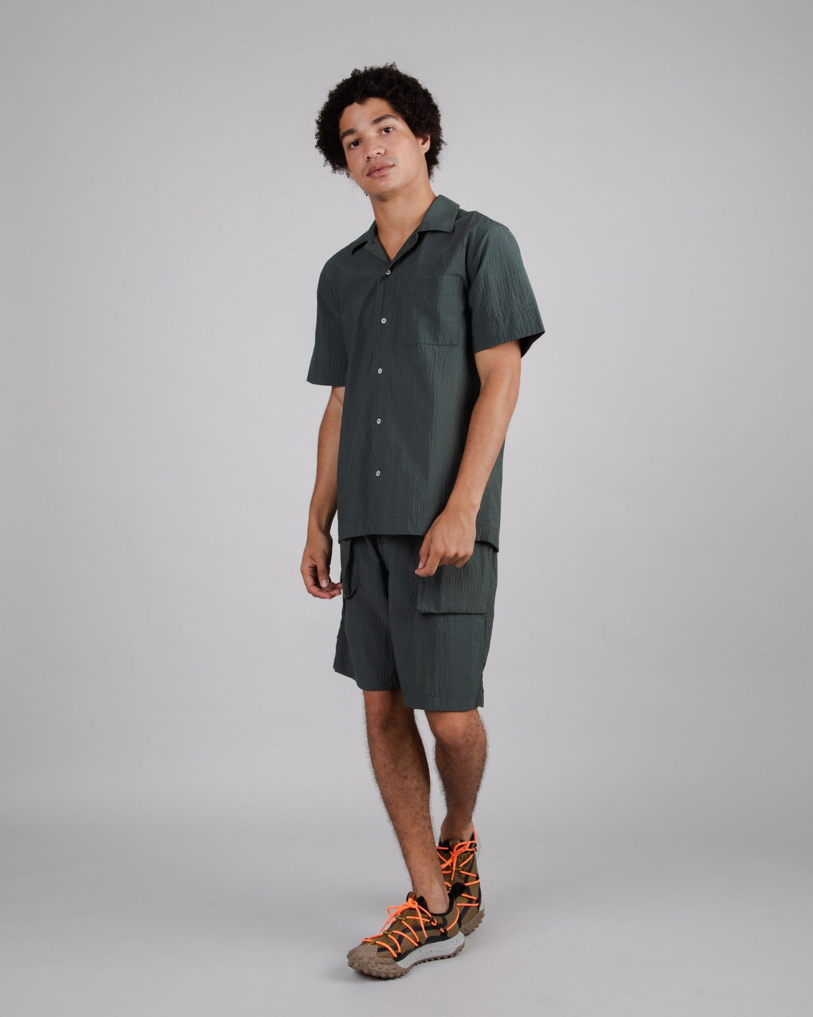 Seersucker Cotton Overshirt Dark Green