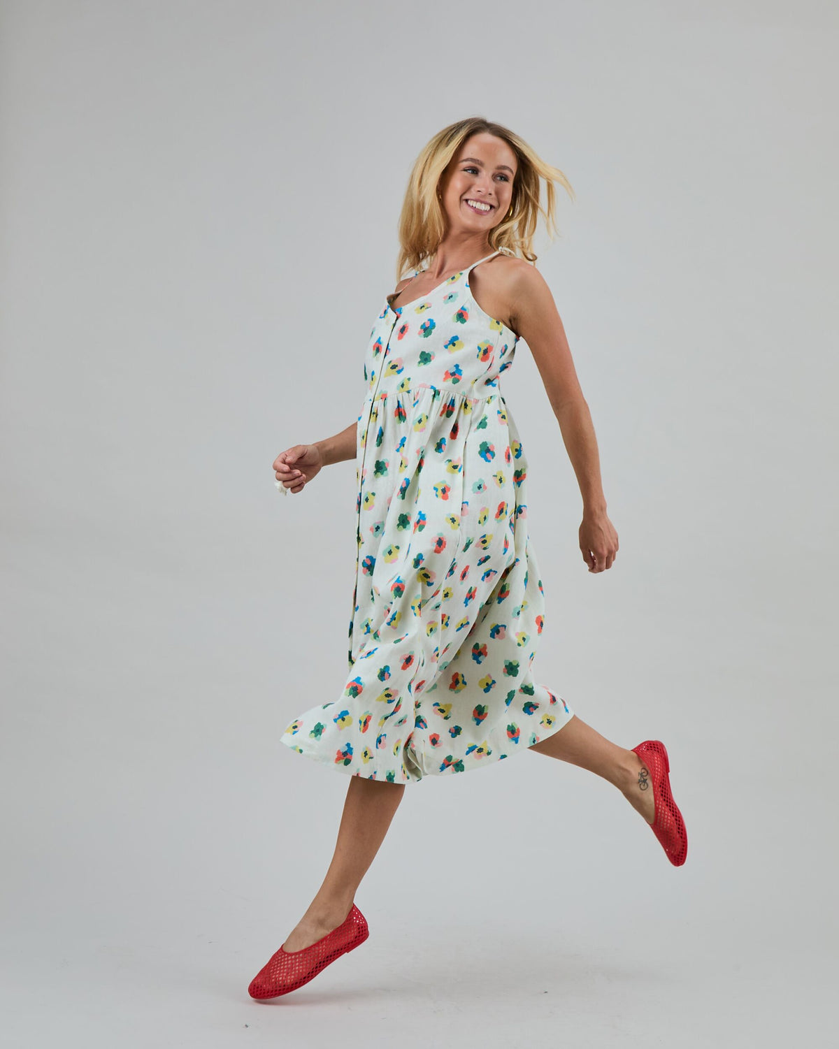 Mini Flowers Strappy Loose Dress Ecru