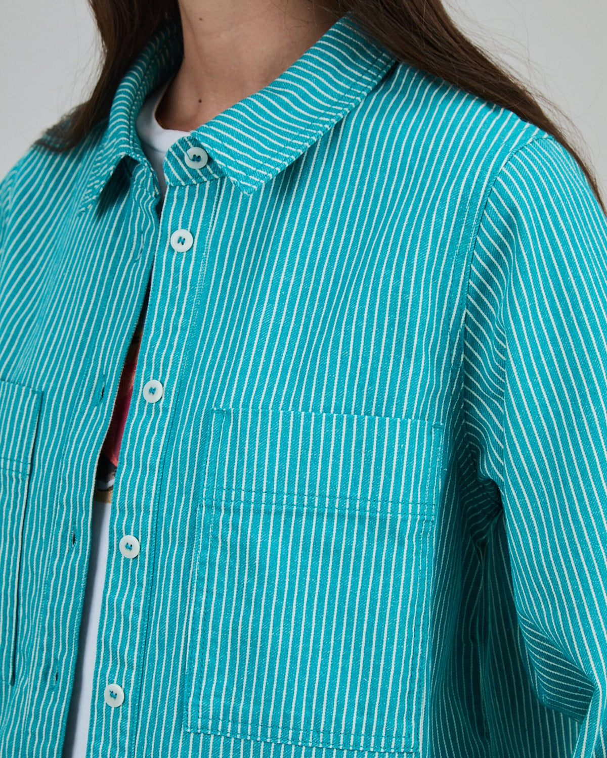 Denim Stripes Cropped Overshirt Green