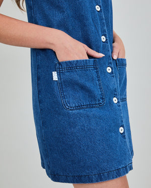 Washed Denim Short Dress Blue