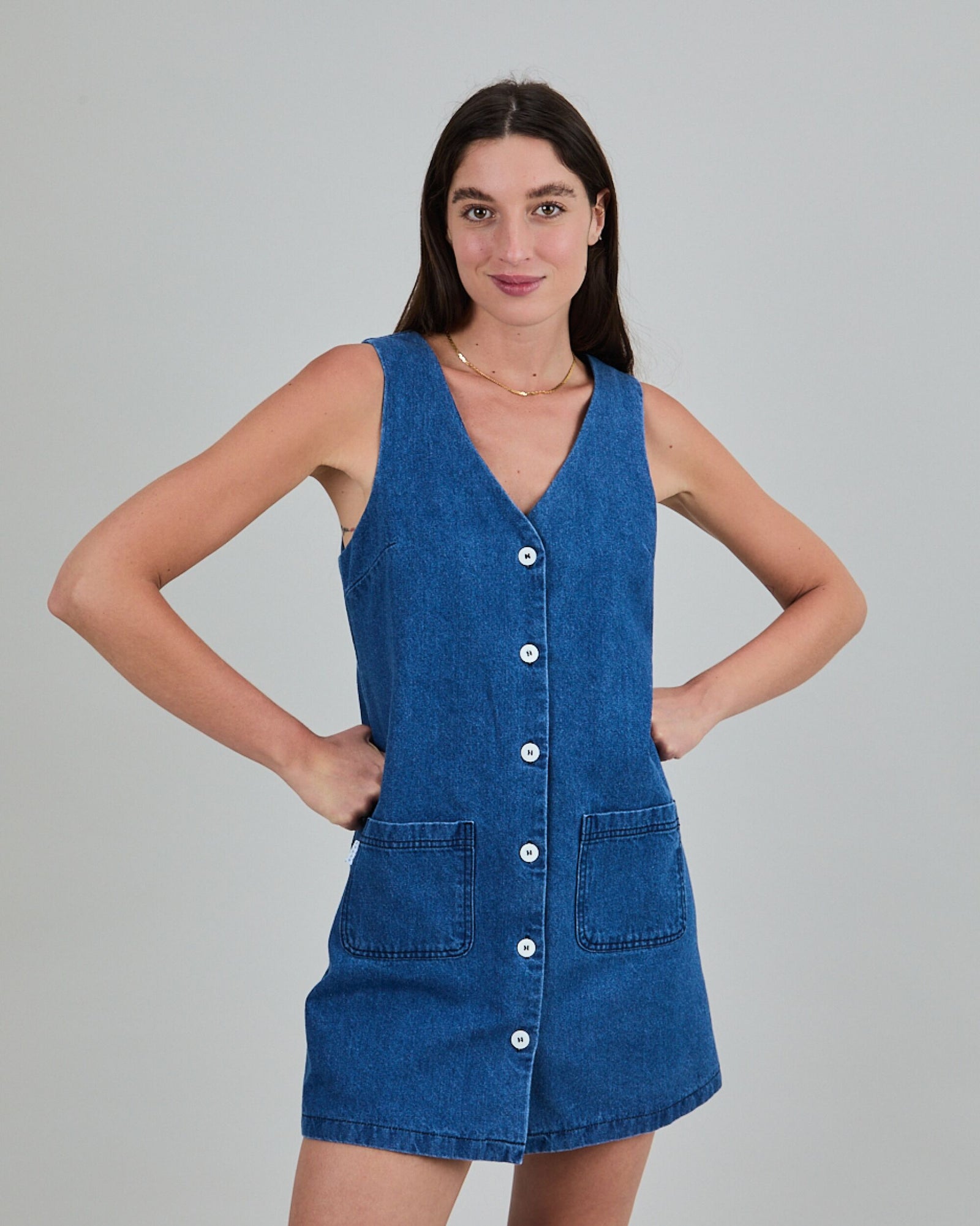 Washed Denim Short Dress Blue