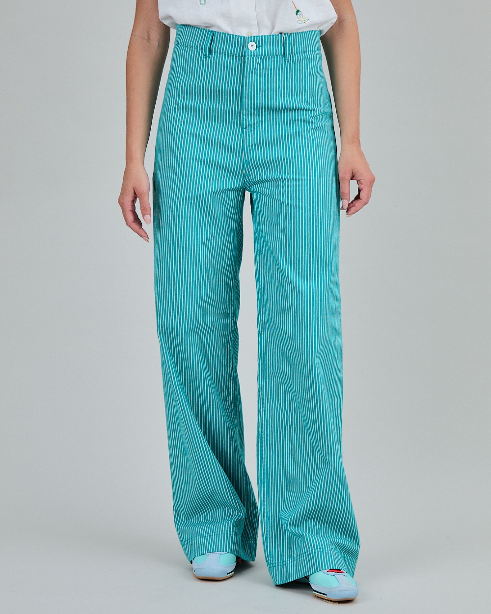 Denim Stripes Straight Leg Pants Green
